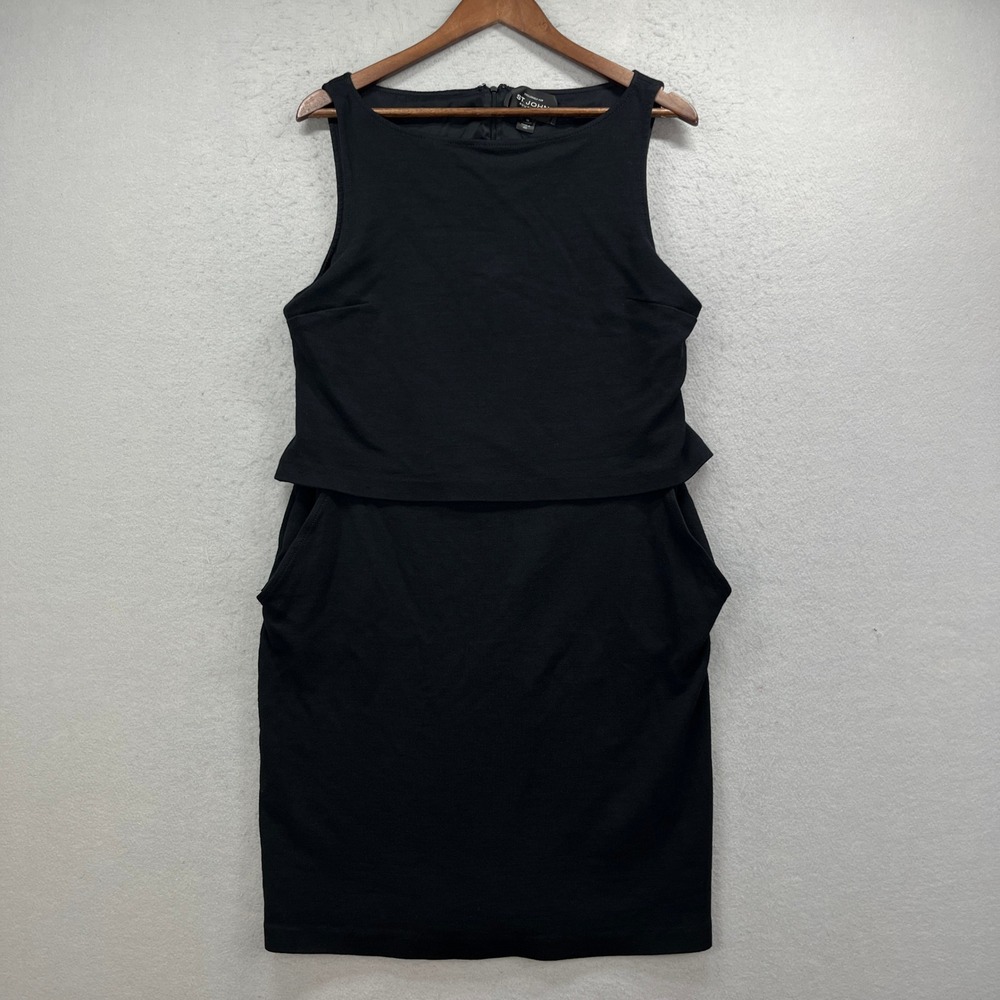 St John Sleeveless Dress Womens 16 Black Sheath Pockets Luxury LBD Wool Blend